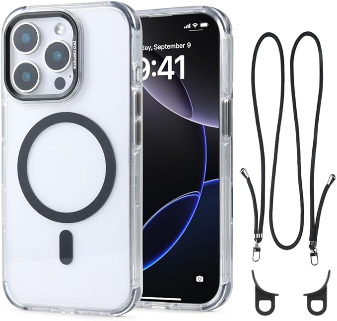 for iPhone 14 Pro Case with 62.99 inch Lanyard, Classic Clear&Black Magnetic by QATYYY