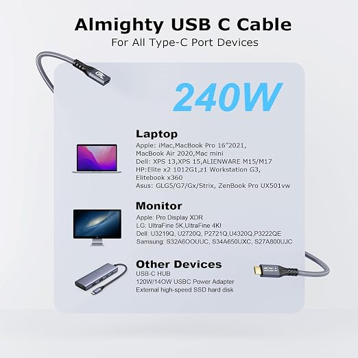 Type C Cable, 240W 48V/5A USBC to USB C 3.2 Gen2×2 Extension Cable, 20Gps Male - Image 7
