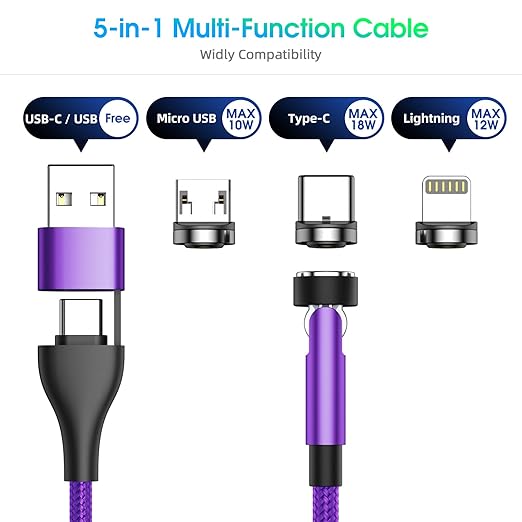 5-in-1 Magnetic Charging Cable, 540° Rotation Magnetic Phone Charger USB A/Type - Image 2