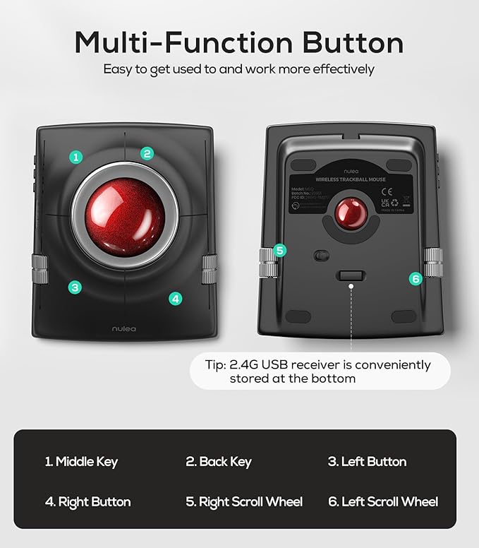 Nulea M512 Wireless Trackball Mouse, Ergonomic 55mm Trackball, 4 Level - Image 9