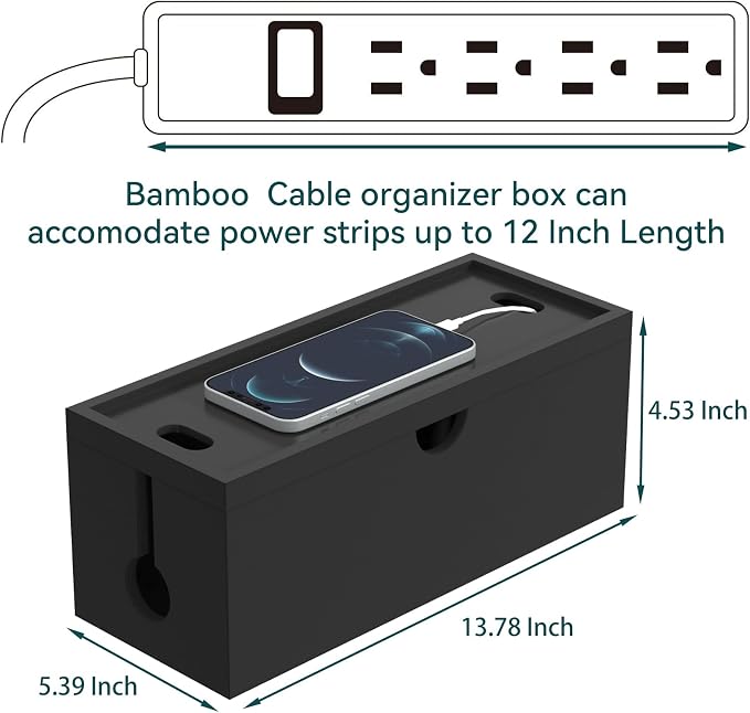 Bamboo Cable Management Box, Large Cord Organizer Box Cable Box to Hide Wires & - Image 3