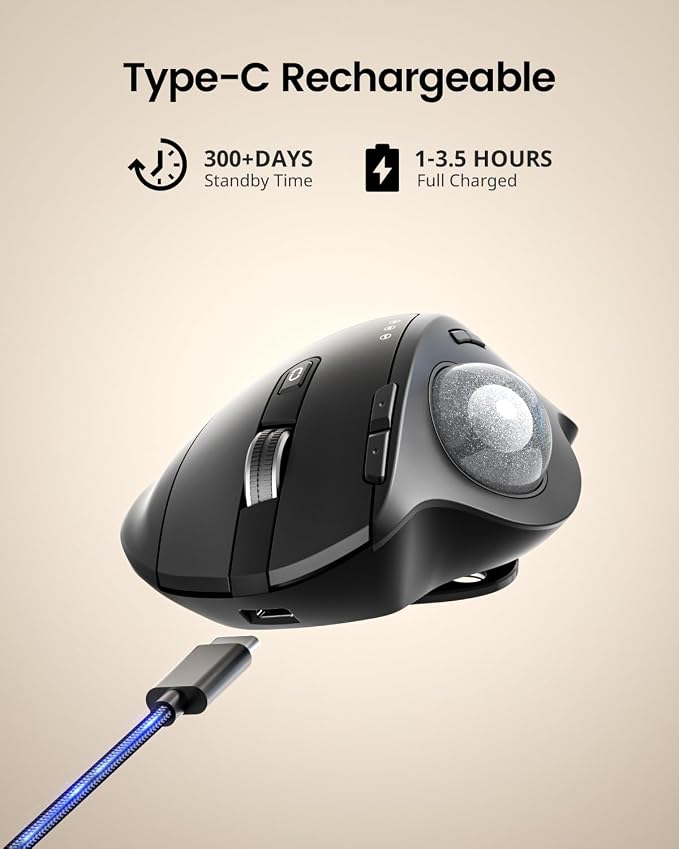 ProtoArc Wireless Trackball Mouse, EM01 NL Ergonomic Bluetooth Rollerball Thumb - Image 7