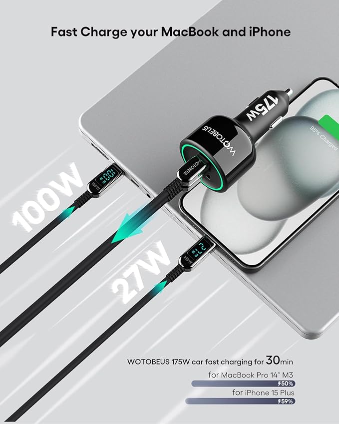 WOTOBEUS 175W Car Charger Dual USB C Adapter: PD 100W & PPS 45W - Image 8