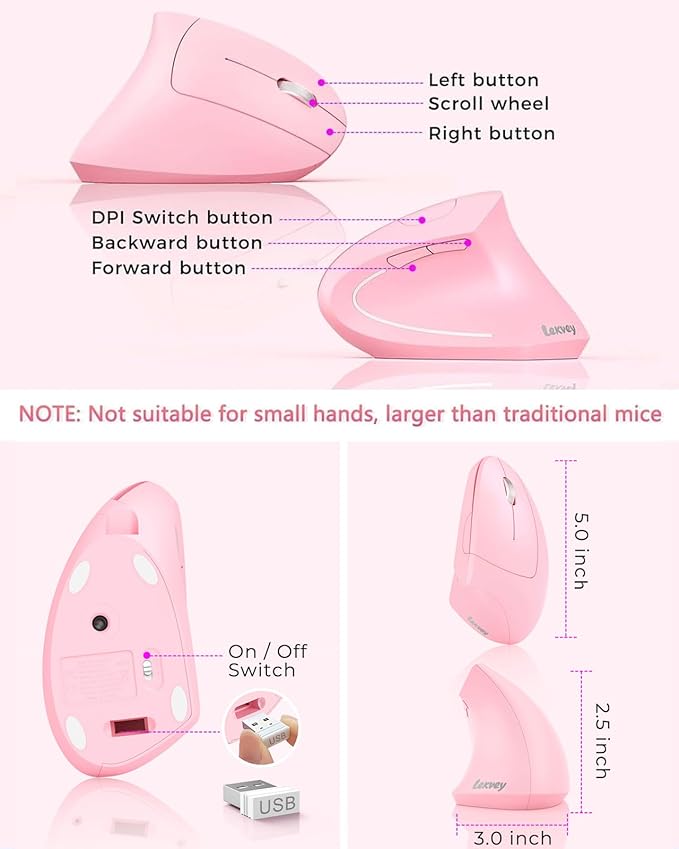 Lekvey Ergonomic Mouse, Vertical Wireless Mouse, Rechargeable 2.4 GHz USB - Image 6