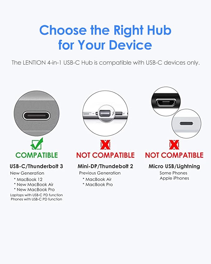 LENTION 4-in-1 USB-C Hub with Type C, USB 3.0, USB 2.0 - Image 4