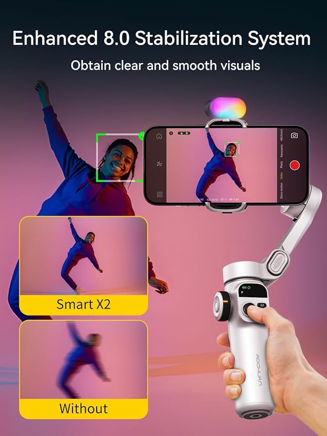 Gimbal Stabilizer for iPhone w/RGB Magnetic Fill Light, Foldable Gimbal w/7.8' - Image 3