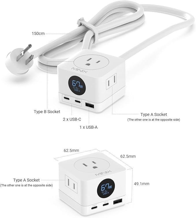 MINIX 67W USB C Charger with 3 Outlets, Gan 3-Port Compact Cube Fast Power - Image 6