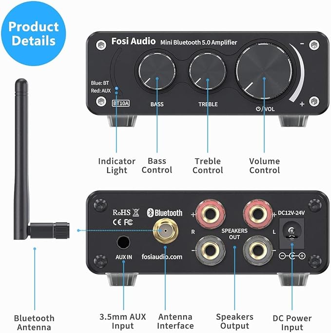 Fosi Audio BT10A Bluetooth 5.0 Stereo Audio Amplifier Receiver 2 Channel Class - Image 3