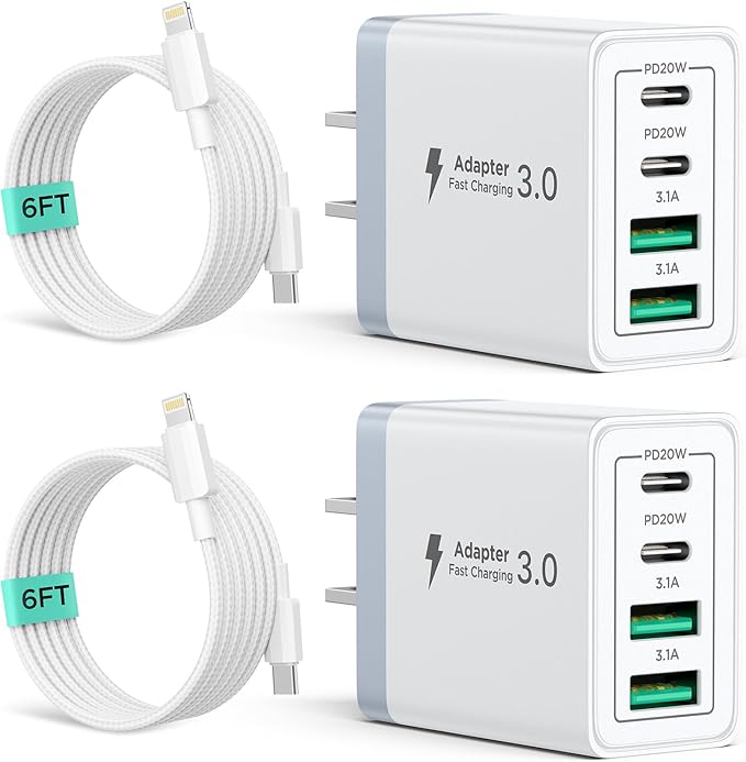 2 Pack USB C Wall Charger, 40W 4-Port USB C Fast Charger Block Dual Port QC+PD by Aiminu