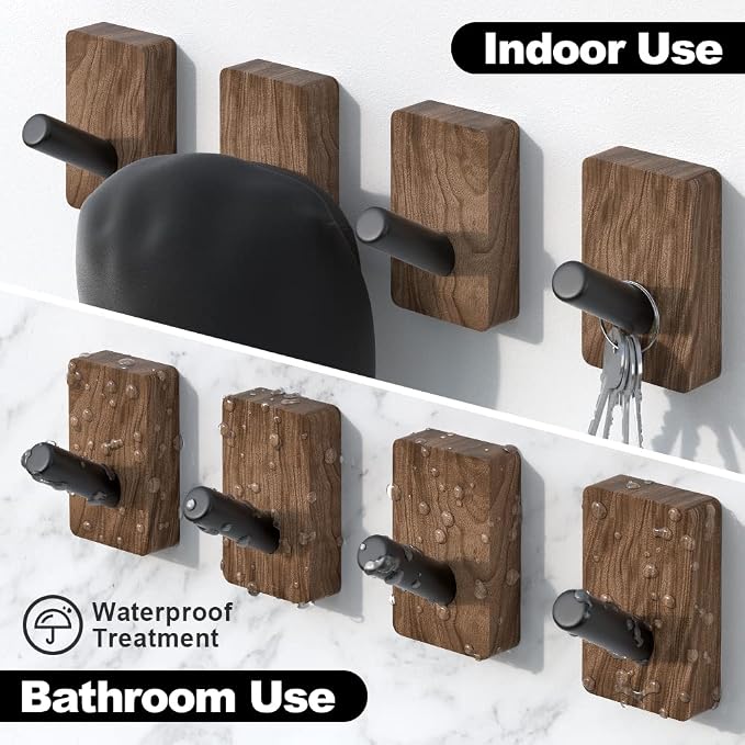 4 PCS Black Walnut Wood Wall Hooks, Adhesive Mounted & Wall Mounted Rustic - Image 4