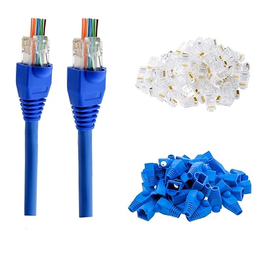 PETECHTOOL RJ45 Cat6 Pass Through Connectors Gold Plated 8P8C Ends and Blue by PETECHTOOL