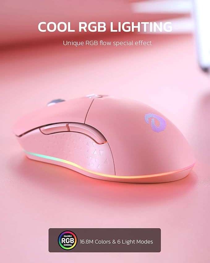 DAREU Pink Wireless Wired Gaming Mouse Dual-Mode Rechargeable 7 Programmable - Image 2