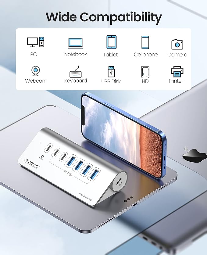 ORICO 7 Port USB Hub 10Gbps, Aluminum USB 3.2 Gen 2 Hub, 6 USB 3.2 Data Ports - Image 5