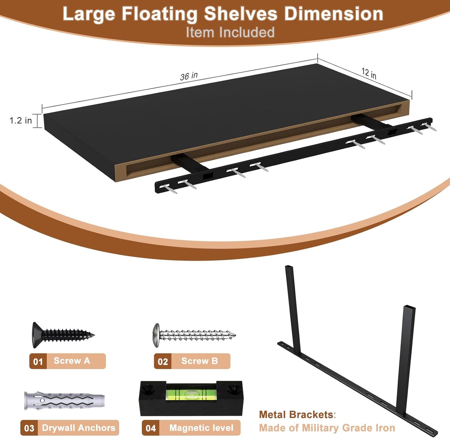 12 Inch Deep Floating Shelves for Wall 1 Pack Floating Shelves Large Storage Space Wall Mount Shelf for Living Room Kitchen Bathroom 36" W x 12" D x 1.2" H Black