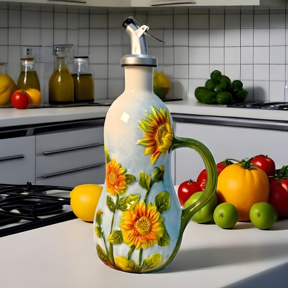 18.26oz/540ml Ceramics Olive Oil Dispenser Bottle,Hand Painted Reliefs Oil Dispenser for Kitchen,Oil Bottles for Kitchen (Sunflower)