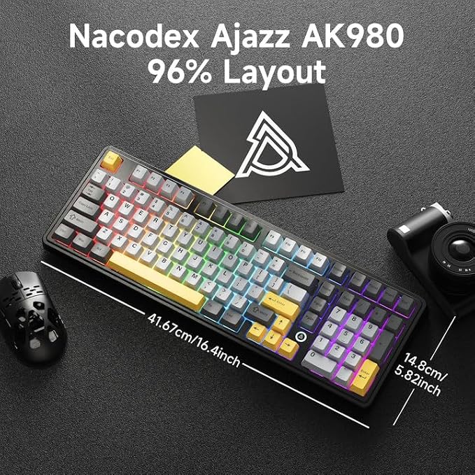 NACODEX Ajazz AK980 Grey Yellow Wireless Mechanical Gaming Keyboard, Tri-Mode - Image 6