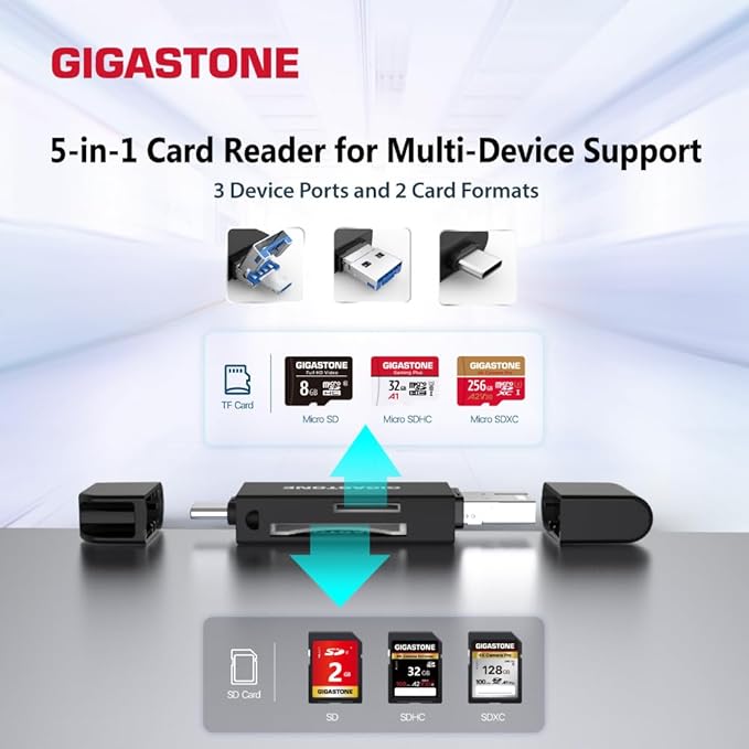 GIGASTONE SD Card Reader, 5-in-1 USB-A/USB-C Card Reader, Dual Slot - Image 5