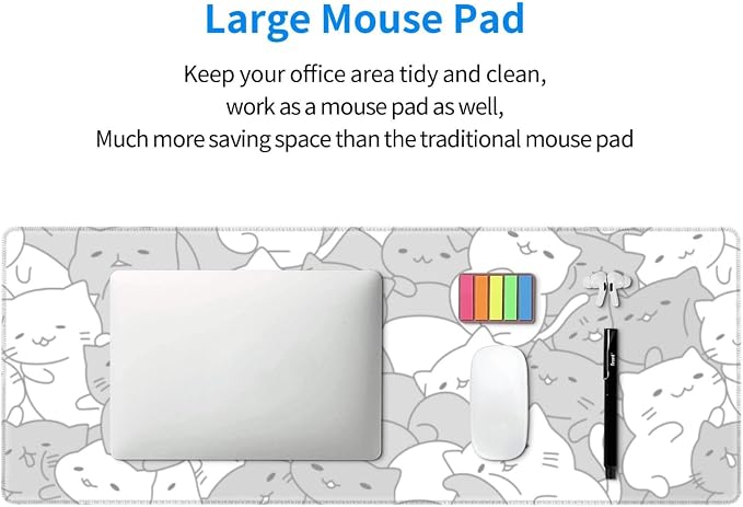 White Kawaii Cats E-Sport Mouse Pad Large Desk Mat Non-Slip Rubber Base - Image 5