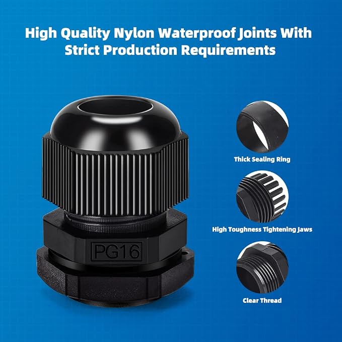 Cable Gland 20 Pack Plastic Waterproof Adjustable Connector 9-14mm PG16 Strain - Image 5
