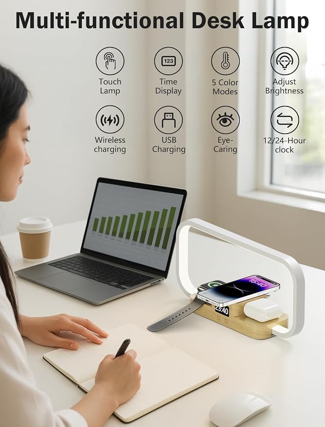 LED Bedside Lamp with Wireless Charger, 3 in 1 Touch Control Bedside Lamp - Image 3