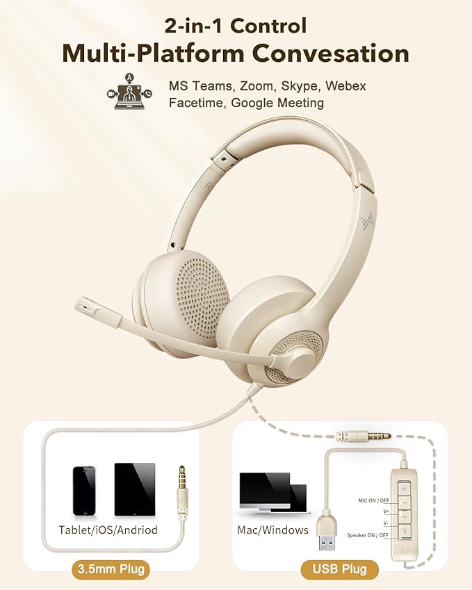 USB Headset with Microphone for PC, On-Ear Computer Laptop Headphones with - Image 5