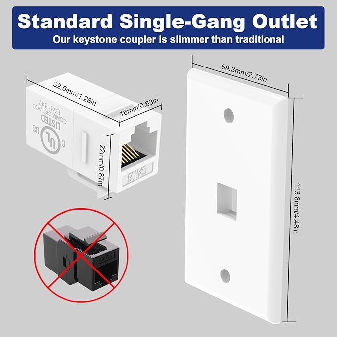 VCE Ethernet Wall Plate, 1-Port CAT6 Wall Plate and Jack, RJ45 Keystone Wall - Image 5