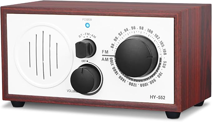 Vintage Wood AM FM Bluetooth Speaker Radio Plug in Wall, Elegant and Retro by ONGTEED
