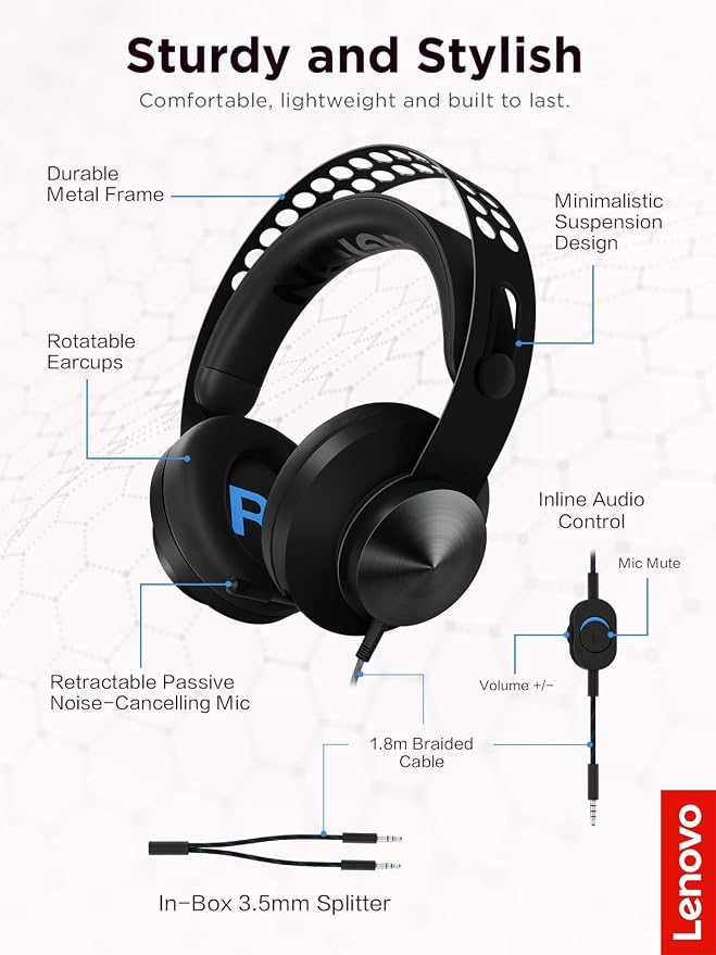 Lenovo Legion H300 Stereo Gaming Headset, Noise-Cancelling Mic, Memory Foam & - Image 6