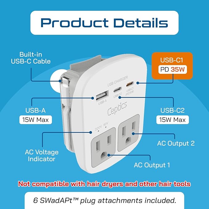 Ceptics 35W Universal Travel Adapter Kit – 2 USA sockets, 1x PD 35W USB-C and - Image 3