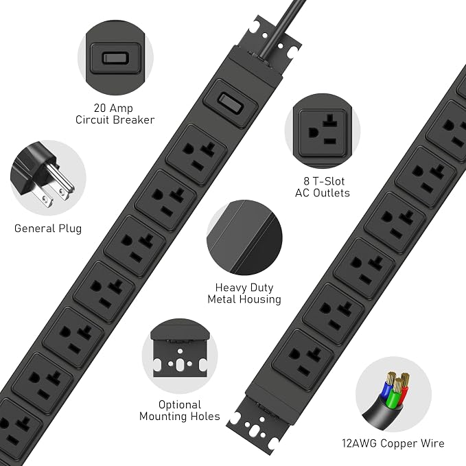 JUNNUJ Heavy Duty Power Strip Wall Mount, 20 Amp Surge Protector 1200J Metal 8 - Image 3