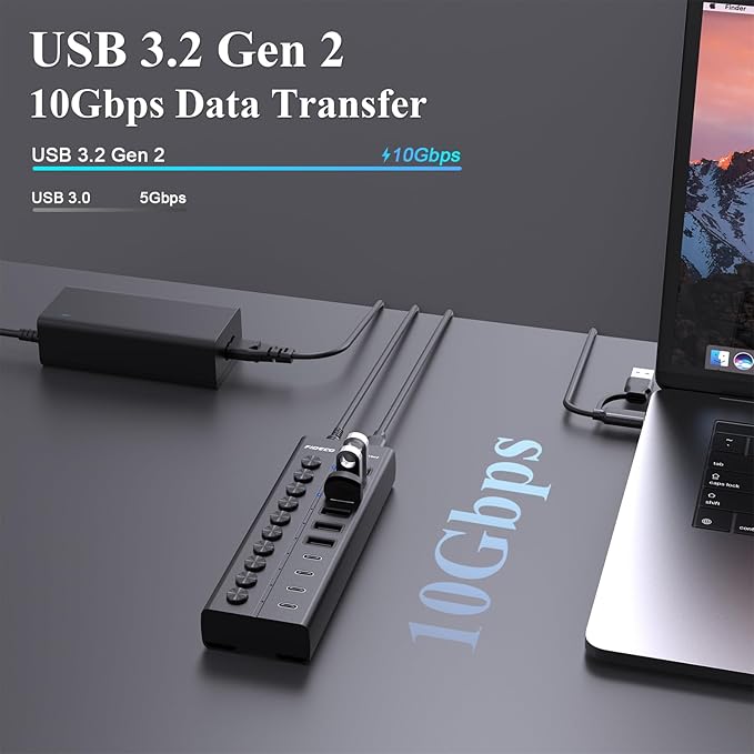 FIDECO 60W Powered USB Hub for Laptop and PC, 10-Port 10Gbps USB Splitter - Image 2