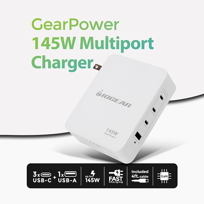 IOGEAR GearPower 145W Multiport Charger, 4 Port, USB-C Cable, iPhone 16 - Image 2