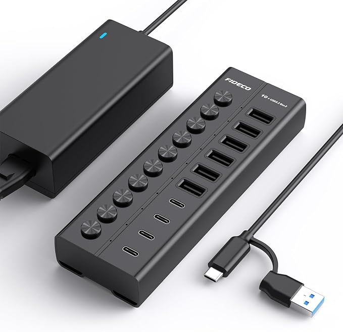 FIDECO 60W Powered USB Hub for Laptop and PC, 10-Port 10Gbps USB Splitter by FIDECO