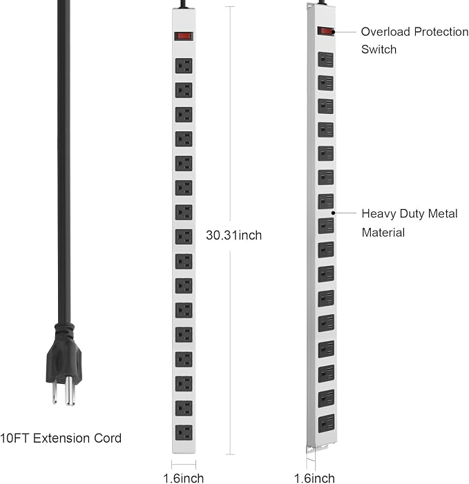 JUNNUJ Metal 16 Outlet Power Strip, Mountable Heavy Duty Power Strip, 1200J - Image 6