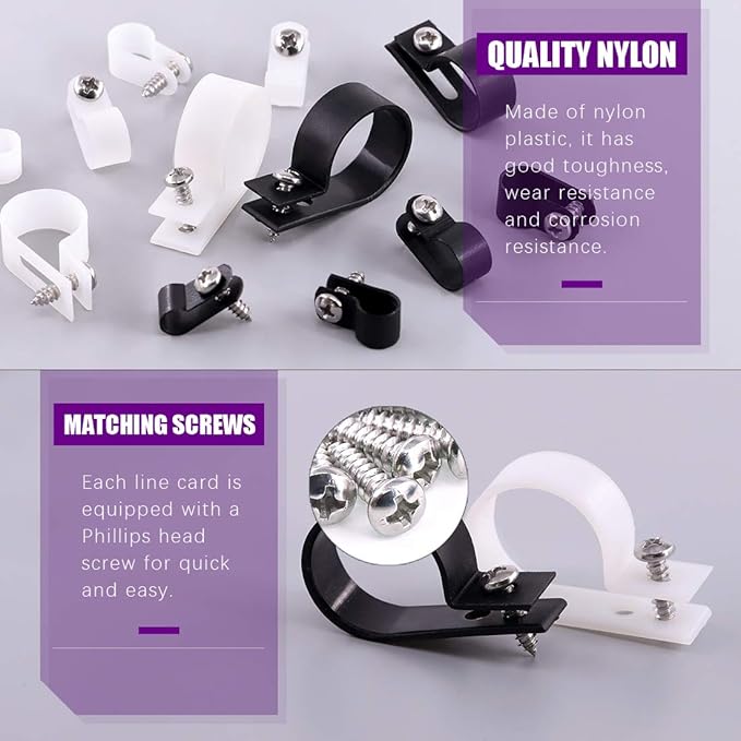 Swpeet 135 Pack 6 Sizes White+Black Nylon Plastic R-Type Cable Clips Clamp - Image 3