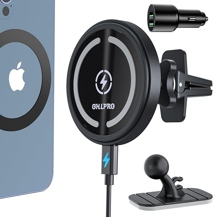 OHLPRO MagSafe Car Mount Charger, 15W QC 3.0 Fast Charging by OHLPRO