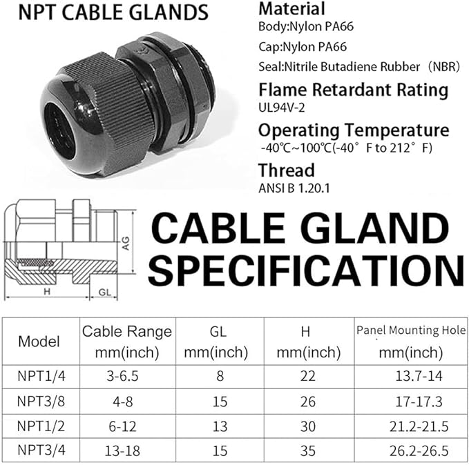 PENGLIN Cable Glands 3/8" NPT Nylon Cable Connector, Strain Relief Cord - Image 4