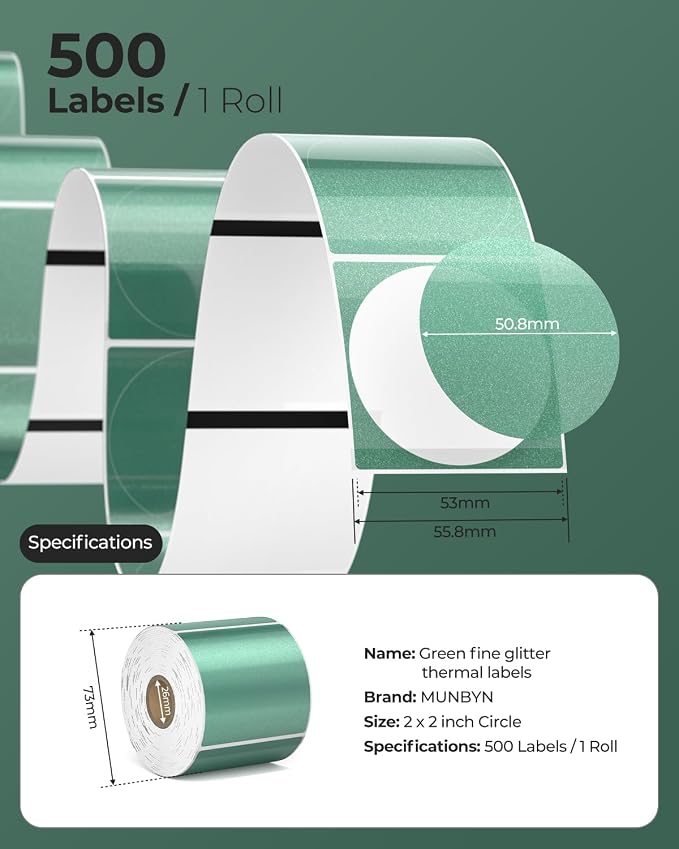 MUNBYN 2 Inch Green Transparent Thermal Labels, Round Fine Glitter Printable - Image 2