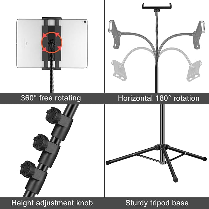 Ipad Tripod Stand, Gooseneck 65" Height Adjustable Floor Stand - Image 6