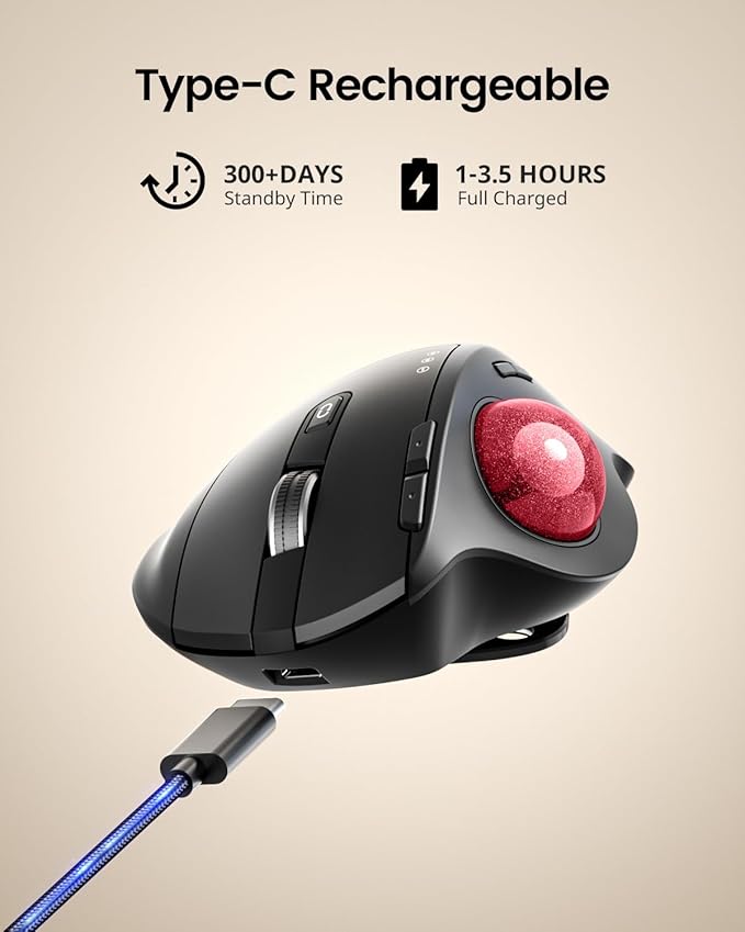 ProtoArc Wireless Trackball Mouse, EM01 NL Ergonomic Bluetooth Rollerball Thumb - Image 7