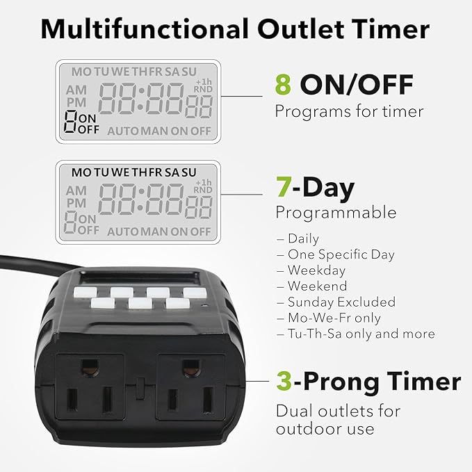 BN-LINK 7 Day Outdoor Heavy Duty Digital Programmable Timer, Dual Outlet - Image 2