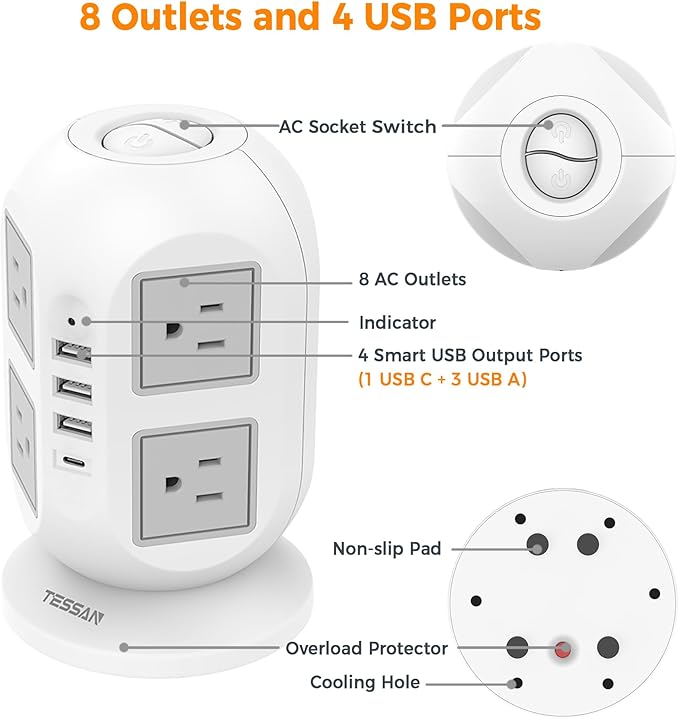 Tower Surge Protector Power Strip 15 ft, TESSAN Long Flat Extension Cord - Image 5