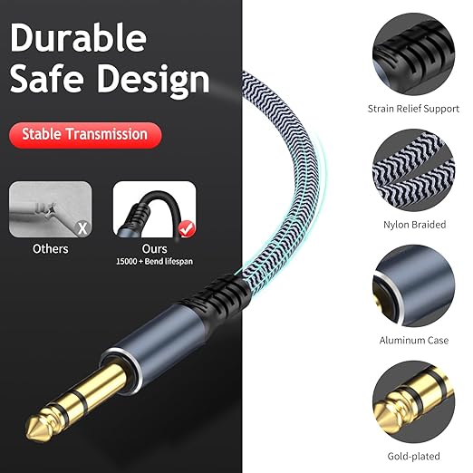 1/4 inch Extension Cable, Male to Female Stereo Headphone Guitar Cable Copper - Image 3