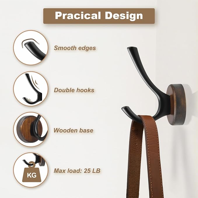 kuaima Coat Hooks Wall Mount, Round Walnut Wood Wall Hanger - Image 4