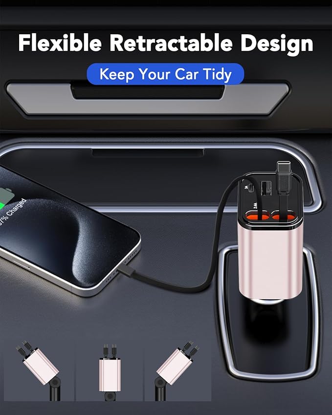 Retractable Car Charger, 4 in 1 Fast Car Phone Charger 69W, 2 Retractable - Image 7
