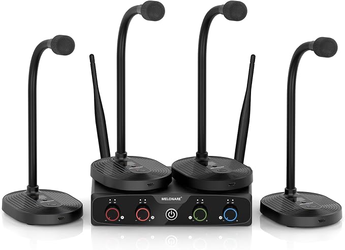 4-Channel Wireless Conference Microphone System, UHF Compact Cordless Mic Set by MELONARE