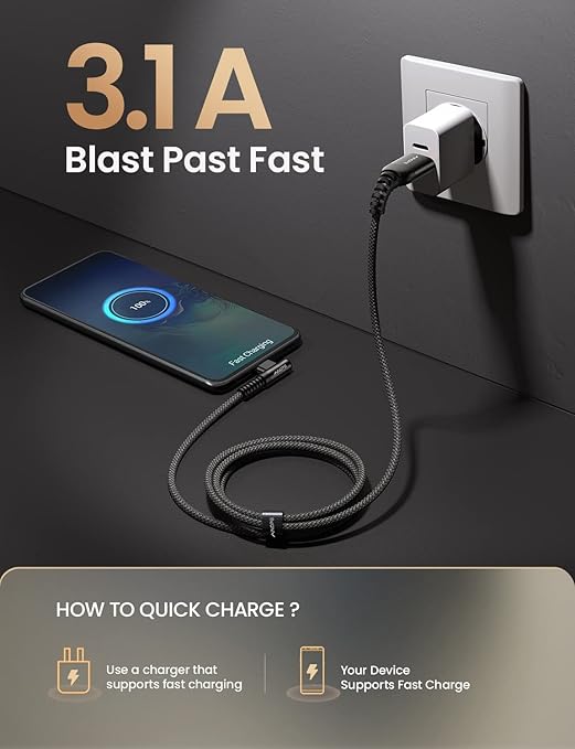 AINOPE Type C Charging Cable Fast Charge 3.1A Right Angle USB C Charger Cable - Image 5