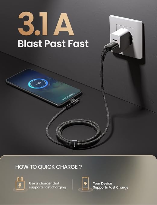 AINOPE USB Type C Cable 5-Pack 3.1A C Type Charging Cable Right Angle, Nylon - Image 3