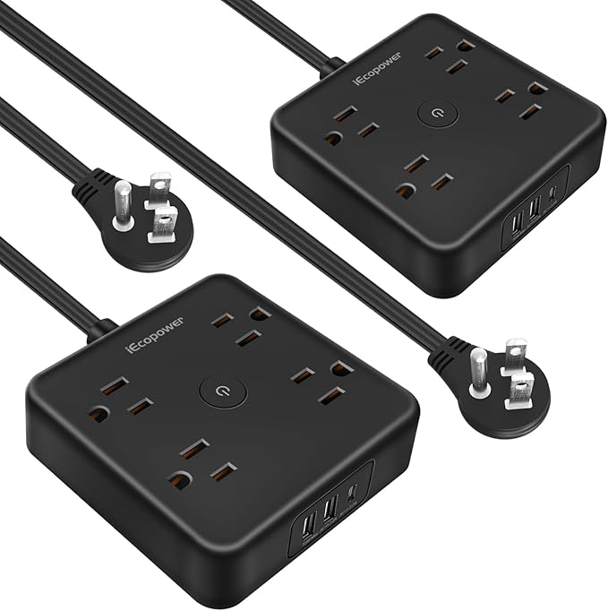 Ultra Flat Plug Surge Protector Power Strip 10 ft Cord, Long Power Strip by iEcopower