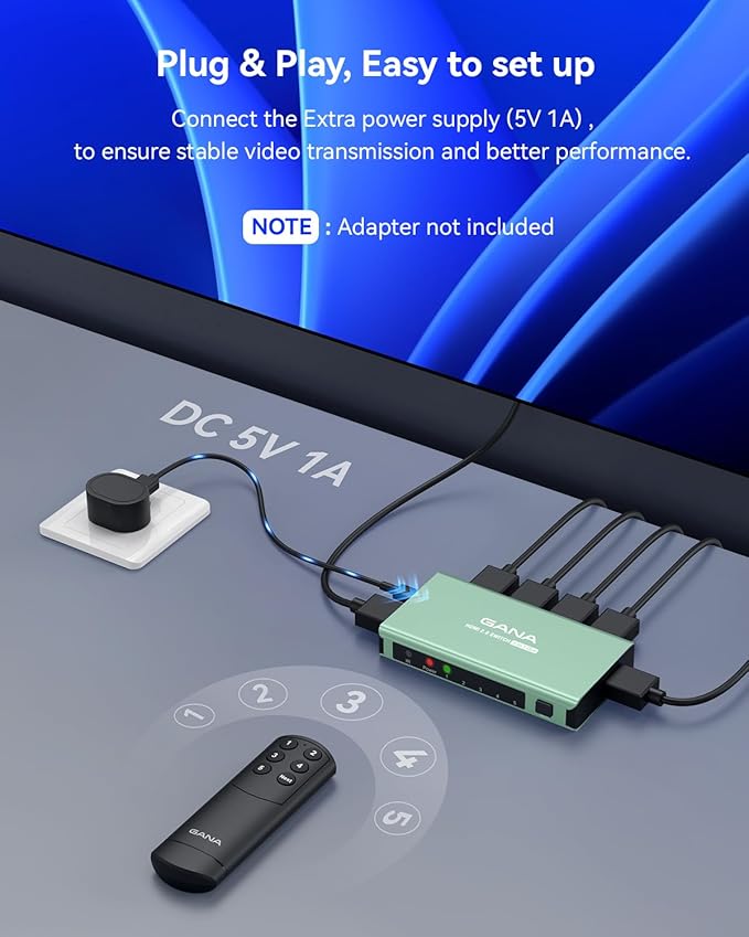 HDMI Switch 5 in 1 Out 4K@60Hz, GANA HDMI Splitter Switcher - Image 6
